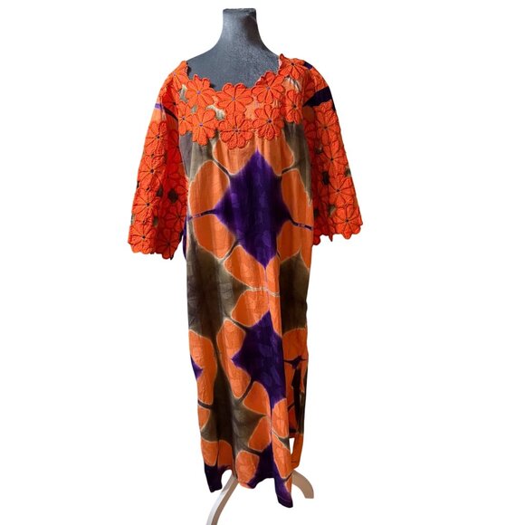 Handmade Dresses & Skirts - Handmade Floral Embroidered Tie-Dye Caftan Dress